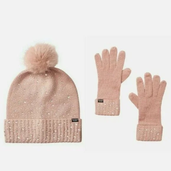 Victoria's Secret Accessories - VICTORIA’S SECRET - Pink Rhinestone Winter Hat and Glove Cozy Set One Size